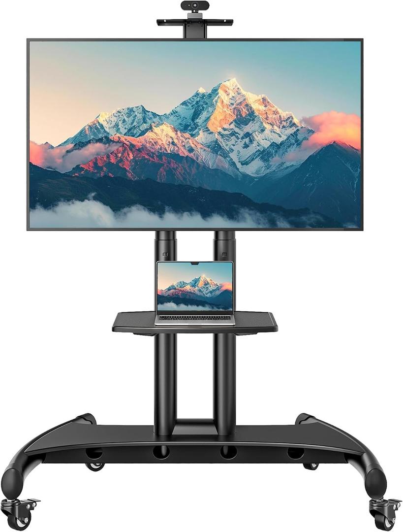 Rolling TV Stand with Shelf&Camera Rack for 32-83" TV up to 132lbs | Thickened Columns, 2X Strength Tested, 11 Height Levels 39.7-59.4", Lockable Wheels, for Living Room, Office, Meeting