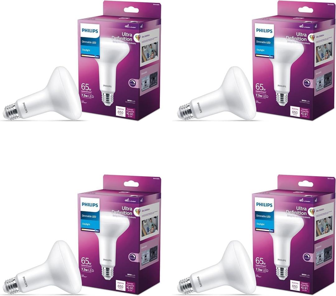 PHILIPS LED 65W BR30 4-Pack Ultra Definition Daylight (5000K) 650 Lumen (7.5W = 65W) Dimmable Frosted Flicker-Free Light Bulbs