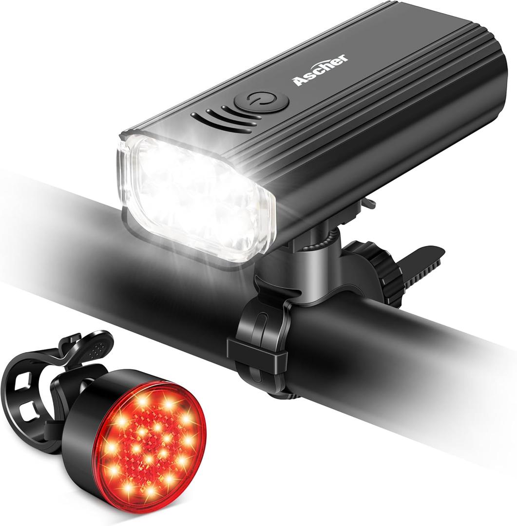 Ascher USB Rechargeable Bike Light Front and Back, Super Bright 1000 Lumens Bicycle Headlight and Compact Tail Light, 4 Light Modes, Large Capacity Battery Bike Lights for Night Riding Road Mountain (Black & Red)
