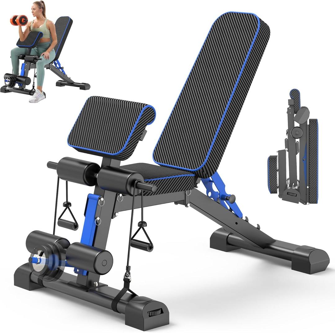 Adjustable Weight Bench  Foldable 800lbs Workout Bench for Full Body Strength Training, Incline/Decline/Flat Bench Press, Sit-Up Bench with Preacher Curl & Leg Extension for Home Gym (Black-Blue)