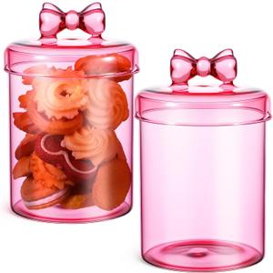 2 Pack Glass Candy Jar Storage Containers with Airtight Lid 30 oz Cute Food Storage Organizers for Hot Cocoa Bar Supplies, Overnight Oats,Kitchen Cookies,Coffee Beans,Dry Goods,Tea(Pink Bow)