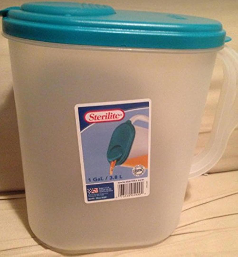 Sterilite Plastic Pitcher Water Jug Drink Dispenser Blue Atoll Lid and Tab with Clear Base and Comfort Grip Handle for Kitchen and Home, Washed Blue (128.5 Ounces)