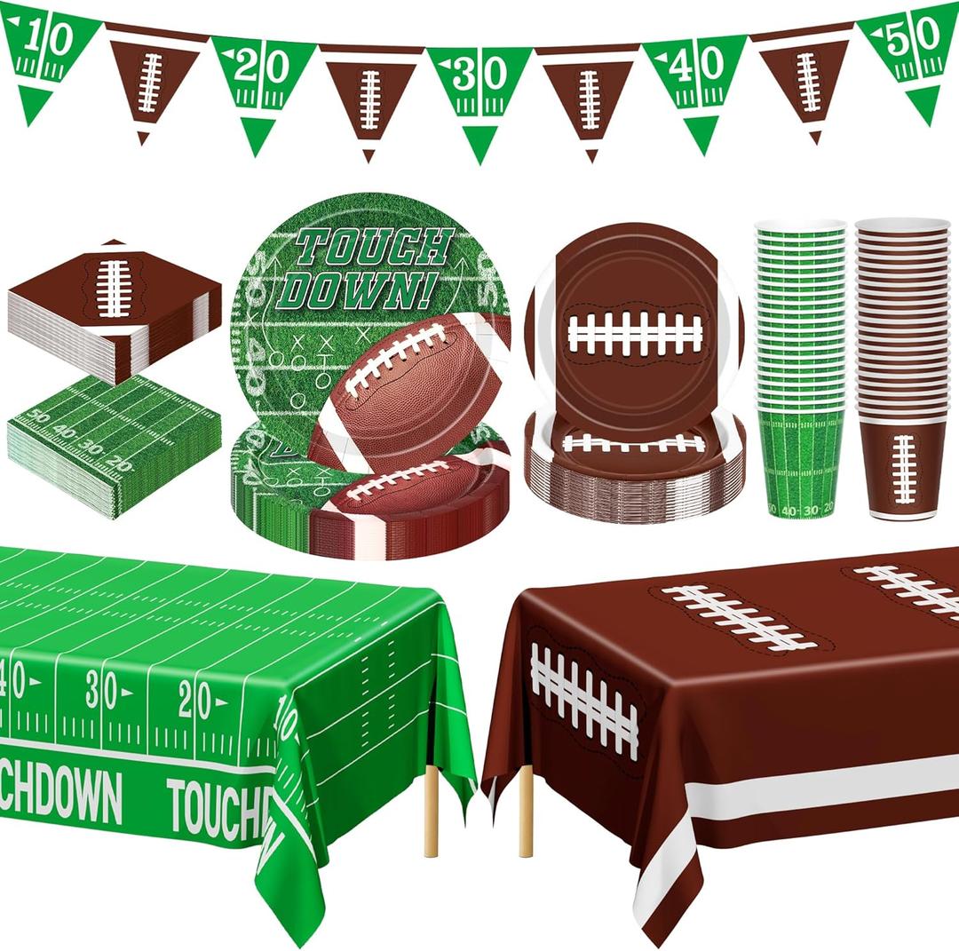QZYL Football Party Decorations Serve 24, 99 Pcs Football Party Supplies, Disposable Football Dinner Plates Football Dessert Plates Napkins Cups Tablecloth Banner for Game Day Party Favors Decor