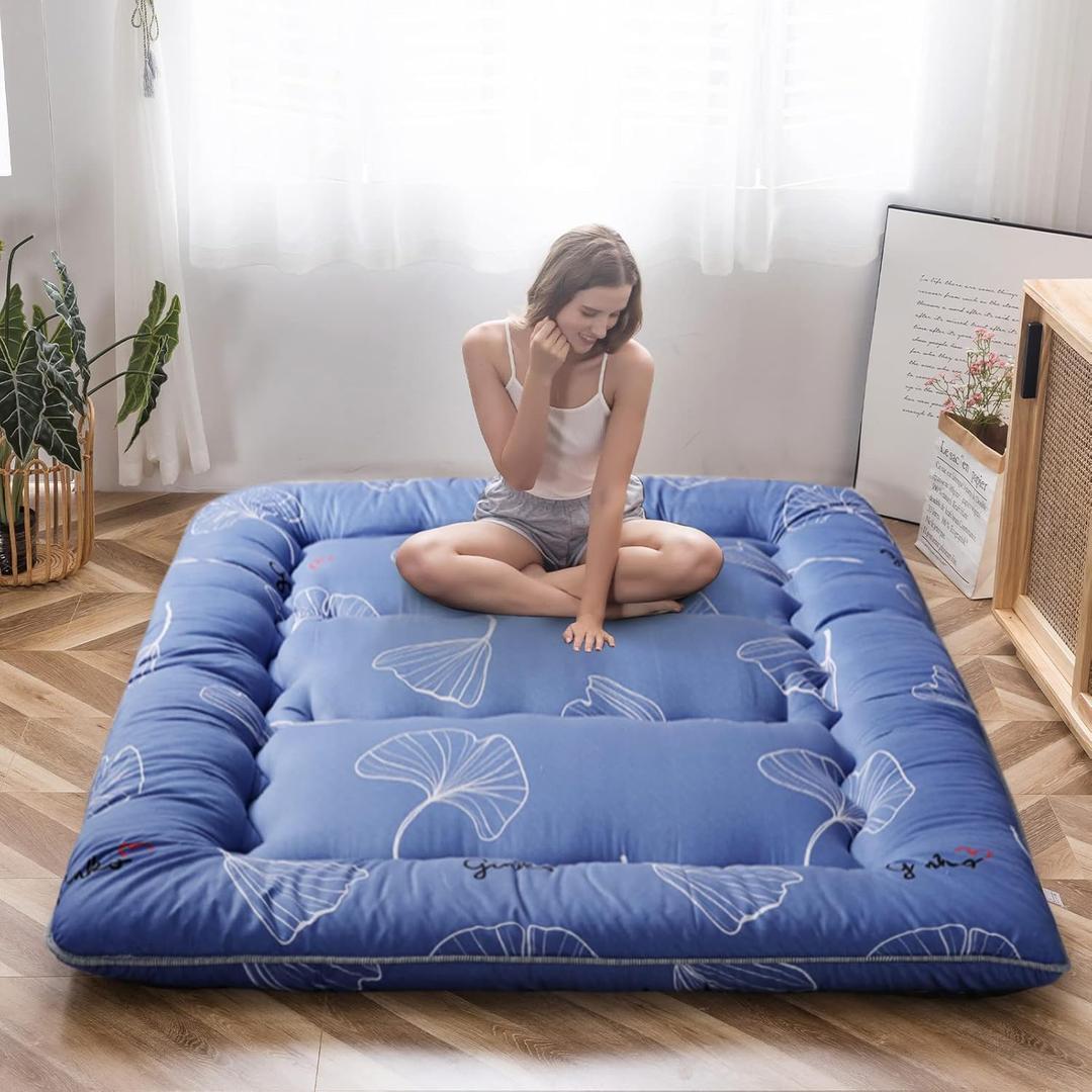MAXYOYO Leaf Printed Japanese Futon Floor Mattress, Thicken Sleeping Pad Floor Bed Roll Up Camping Guest Mattress Folding Couch Bed, Queen Size