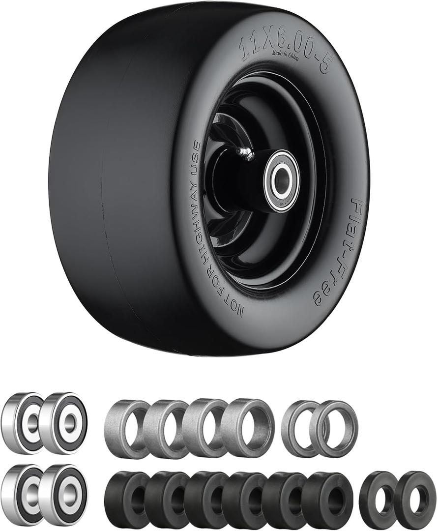 11x6.00-5 Flat Free Tire, Zero Turn Mower Front Tires with 3/4" or 5/8" and 1/2" Bearings, 5.2"- 8.3" Centered Hub, Load 400lbs, 11x6.00-5 Tires for Zero Turn Mower by Cubesprings - 1Pack