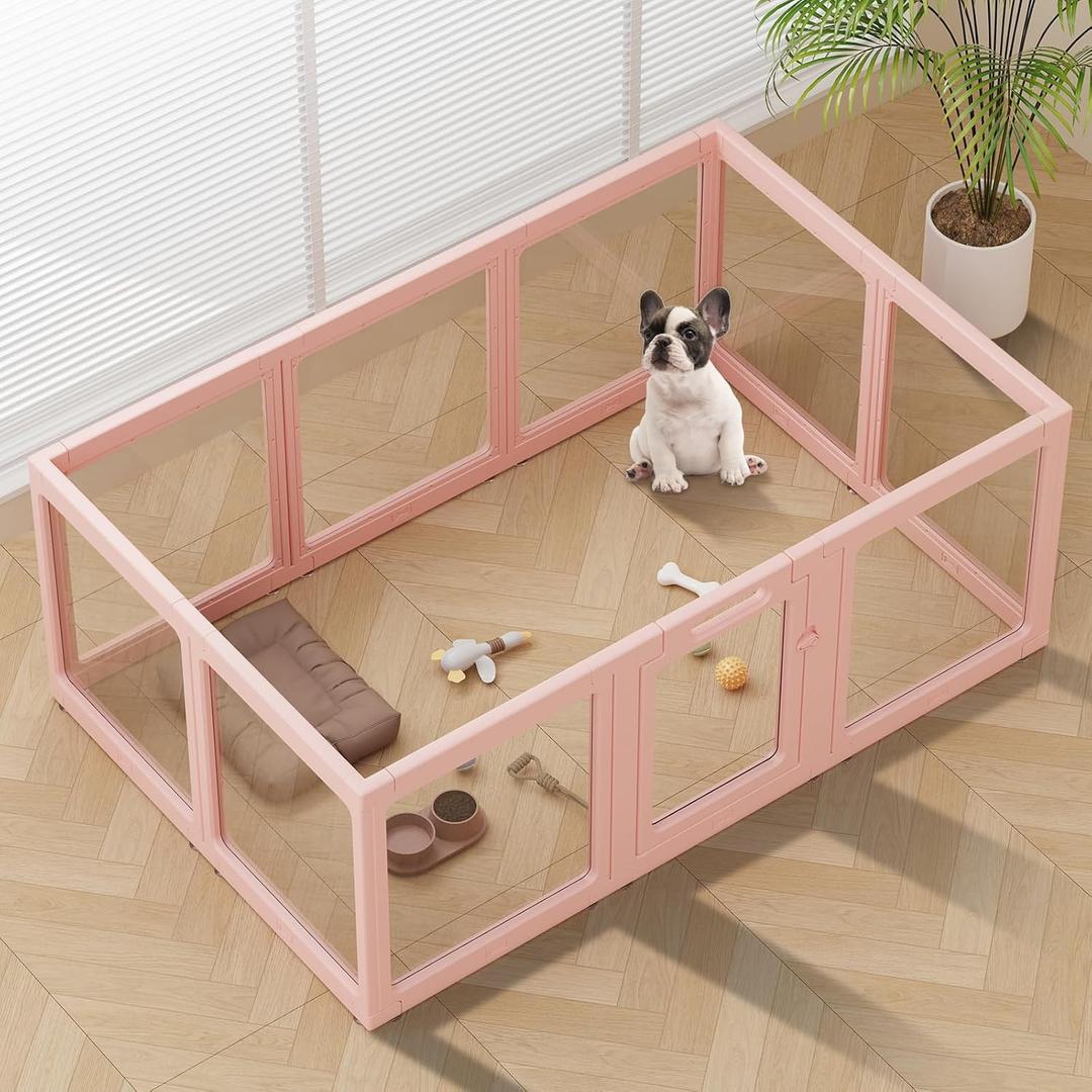 Clear Acrylic Dog Playpen Indoor, Puppy Cat Small Pet Play Pen, Pet Cat Playpen for Rabbits, Dog Fence Crate Kennel Whelping Cage (Pink, 10 Panel)