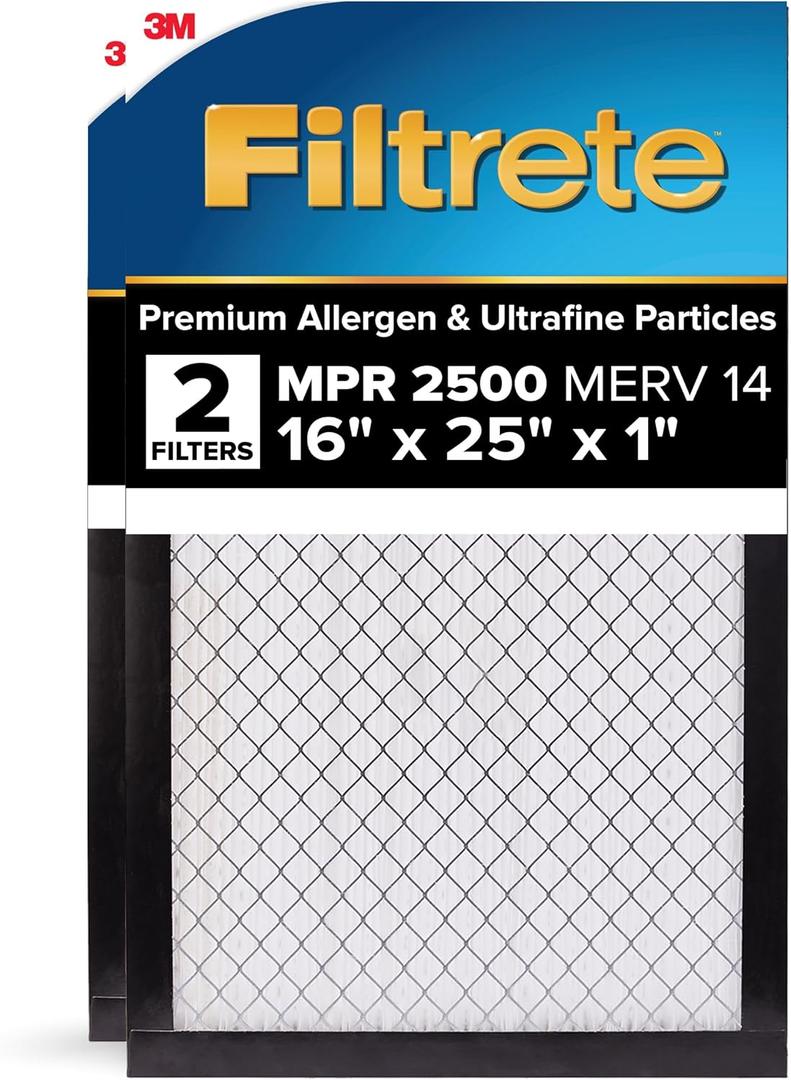 Filtrete 16x25x1 AC Furnace Air Filter, MERV 14, MPR 2500, Premium Ultra Fine Particle, 3-Month Pleated 1-Inch Electrostatic Air Cleaning Filter, 2-Pack (Actual Size 15.69 x 24.69 x 0.81 in)