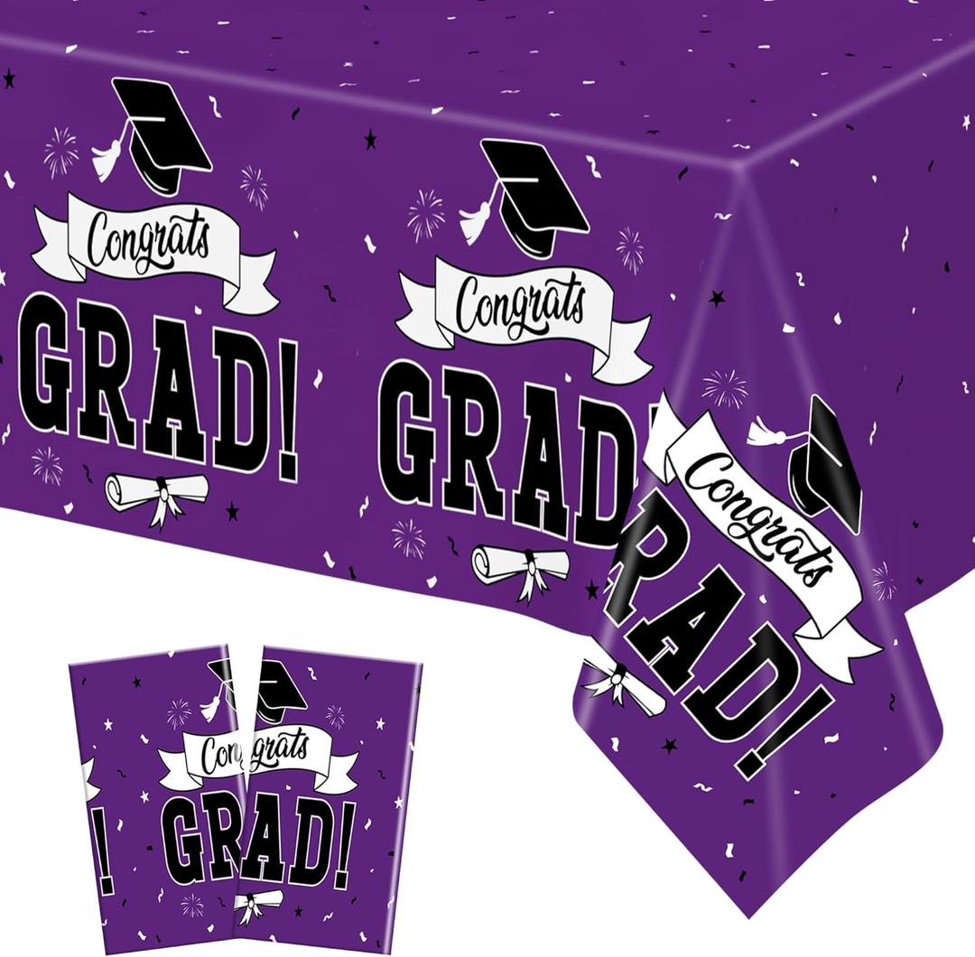 2 x 2 Pcs Graduation Tablecloth, 108" X 54" Plastic Graduation Decorations 2026, Rectangle Purple Table Cover for Grad Decor Party Supplies, Disposable Tablecover for Class of 2026 Congrats Grad for Kids