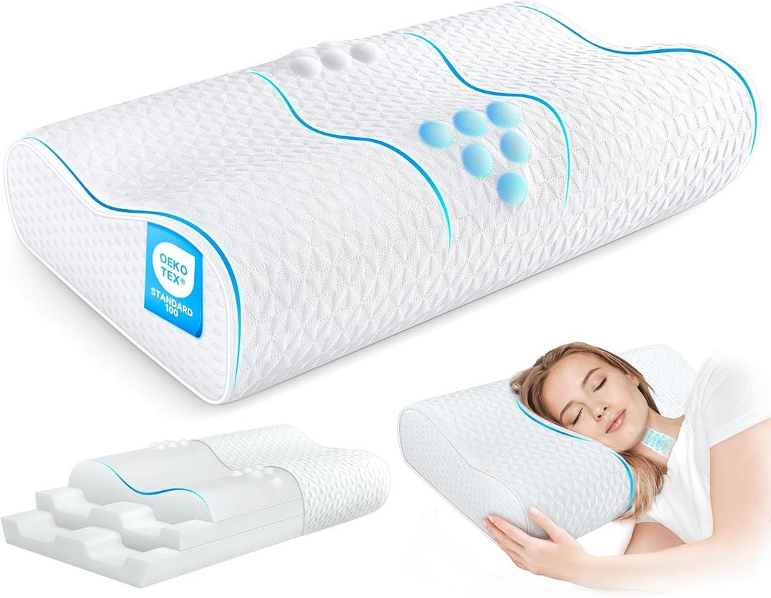 Cervical Neck Pillow for Pain Relief- Queen Size Adjustable Cooling Pillow for Sleeping, Memory Foam Pillows for Neck Shoulder, Ergonomic Contour Bed Pillow for Side, Stomach & Back Sleepers