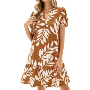 dowerme Womens Summer Dresses 2026 Puffy Sleeve V Neck Loose Floral Print A Line Boho Mini Babydoll Dress with Pockets (Brown, XXL)