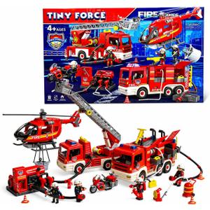 Fire Rescue Set – Fire Truck with Ladder, Toy Helicopter, Motorcycle & Fire Water Pump, Emergency Pretend Play Toys for Kids & Toddlers
