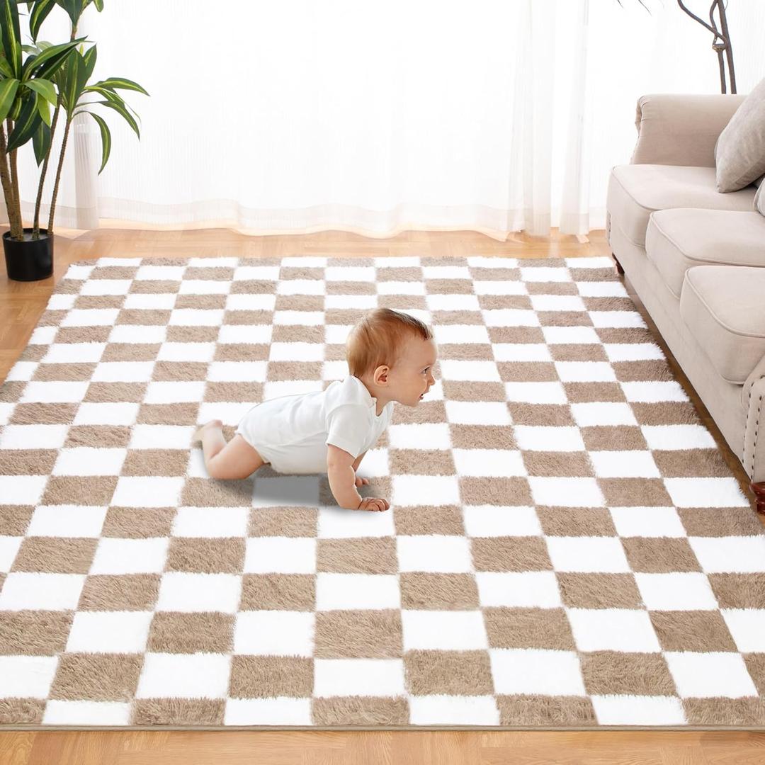 Super Soft Rug for Bedroom, 5x7 Ft Beige and White Area Rug Classic Checkered Shaggy Rug Anti-Skid High Pile Soft Fluffy Fuzzy Carpet for Living Room Bedroom Kids Room Nursery, Dorm Home Decor