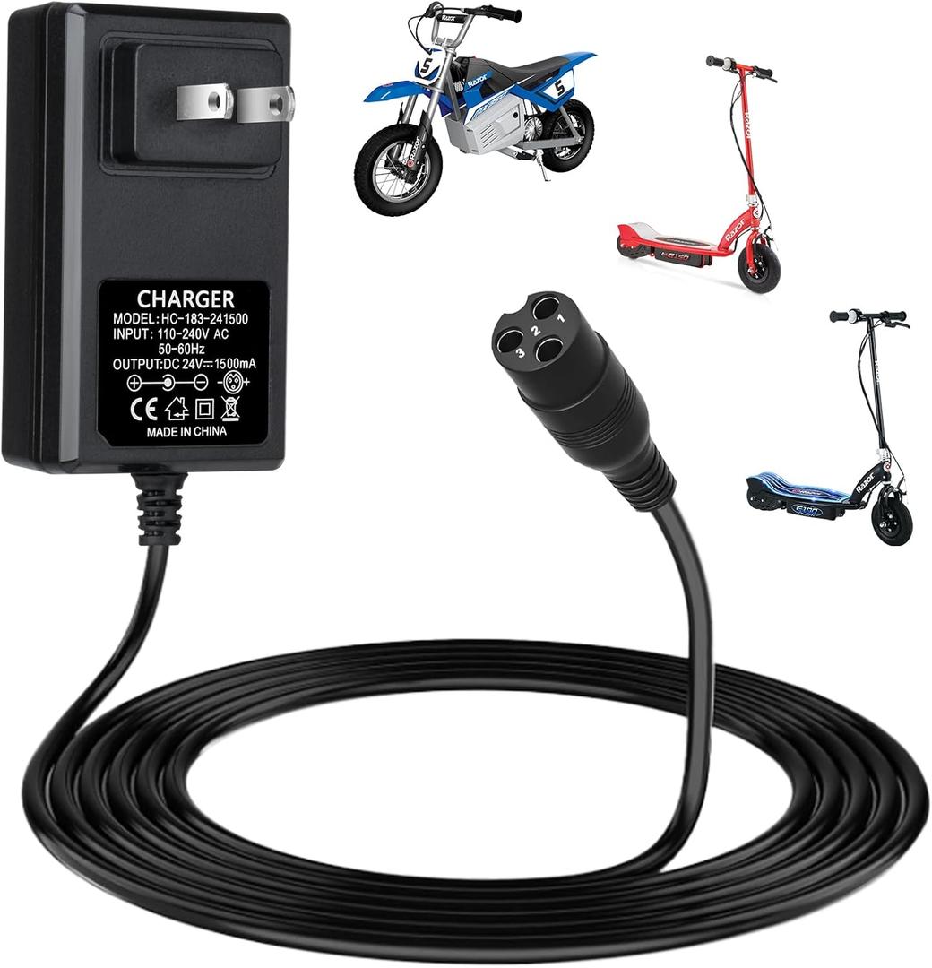 24V Electric Scooter Charger for Razor E300 E200 E150 E125 E100 MX350 Dirt Bike Pocket Mod Sports Mod Dirt Quad Motorcycle Razor Scooter Charger 3-Prong Inline Female Electric Battery Power Cord Black