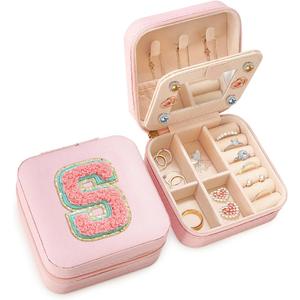 SANDJEST Personalized Jewelry Box, Pink Travel Jewelry Box with Initial S, Small Monogrammed Jewelry Case Organizer for Girls Women Teen Kids, Mini Travel Essentials Gifts for Birthday Christmas