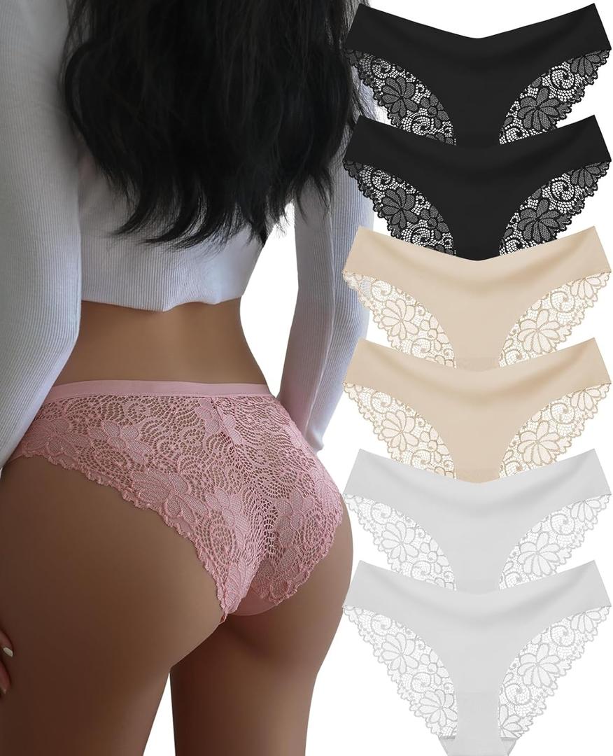 DHFBABY Sexy Cheeky Womens Underwear Comfortable Seamless Panties Luxurious Lace Bikini Briefs (US, Alpha, Medium, Regular, Regular, Black2+Beige2+White2)