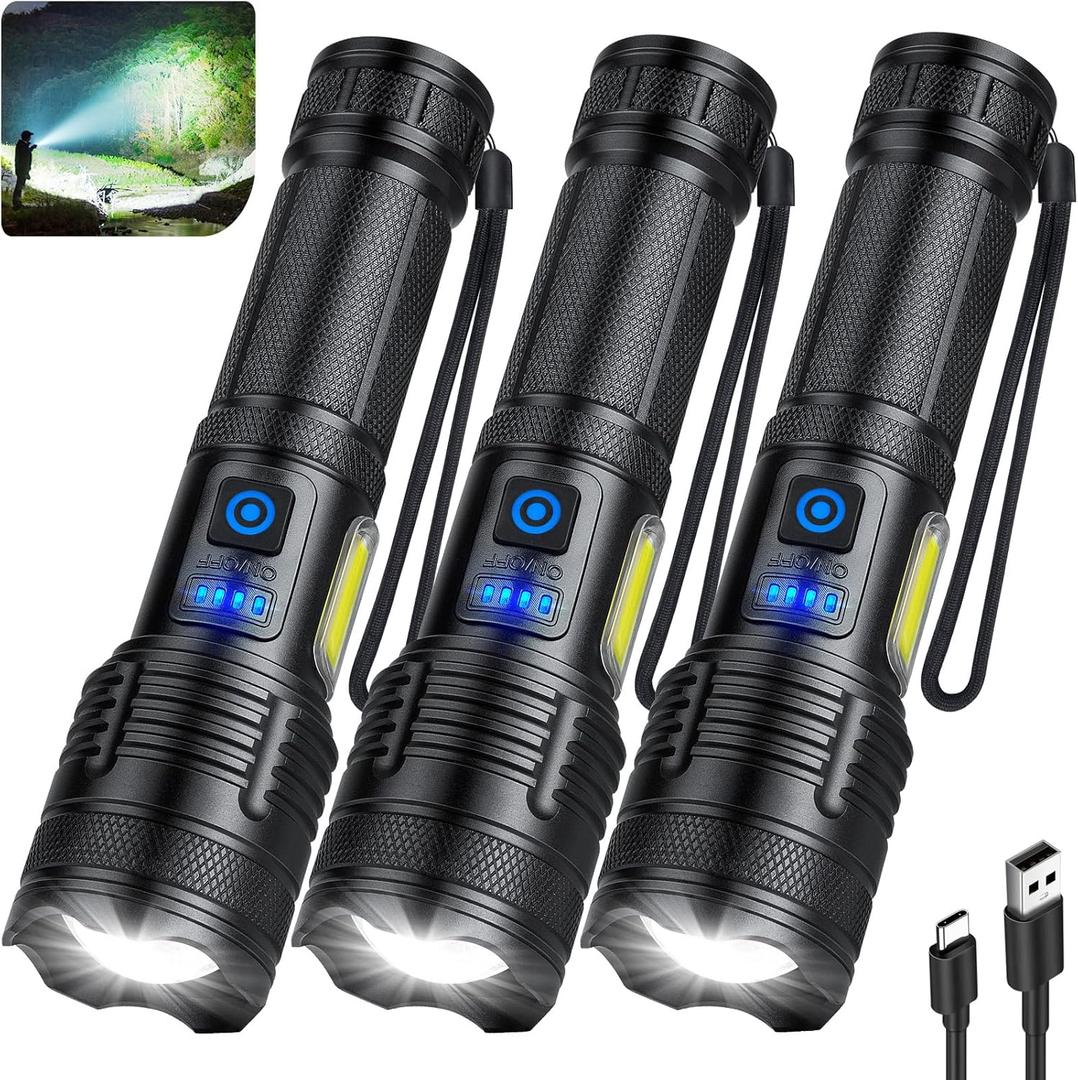 KINGCAESAR 3 Pack Rechargeable Flashlights 90,000 High Lumen, Ultra Bright LED Flash Light for Home, High Powered Flashlights with 7 Light Modes, IPX7 Waterproof for Camping