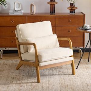 Karl home Mid Century Modern Accent Chair with Lumbar Pillow & Oak Arms  Plush Chenille Living Room Chair for Bedroom, Lounge (Creamy)