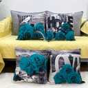 Teal Throw Pillow Covers 18x18 Set of 4 Farmhouse Grey Turquoise Pillow Cover for Couch Bed Outdoor Patio Furniture, Linen Cotton Rose Flower Decorative Cushion Case Sofa Living Room Home Decorations (18" x 18" (Pack of 4), Teal Rose)