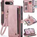 Defencase Compatible with Pixel 9/Pro Case, RFID Blocking Wallet Case Fit for Google Pixel 9 & 9 Pro Soft PU Leather Magnetic Snap Flip Zipper Strap Card Holder Phone Case for Women Men, Pink