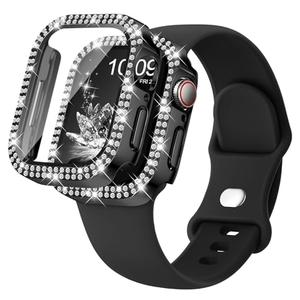 Compatible for Apple Watch Bands 40mm 41mm 44mm 45mm 42mm 46mm with Screen Protector Case Women, Silicone Strap Bling Diamond Protective Cover Tempered Glass for iWatch Series 10 9 8 7 6 5 4 3 11 SE