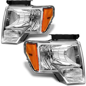 Headlight Assembly Compatible with 2009-2014 Ford F150 OE Style Pickup Chrome Housing Amber Reflector Headlamp Driver and Passenger Side (ONLY for halogen models)