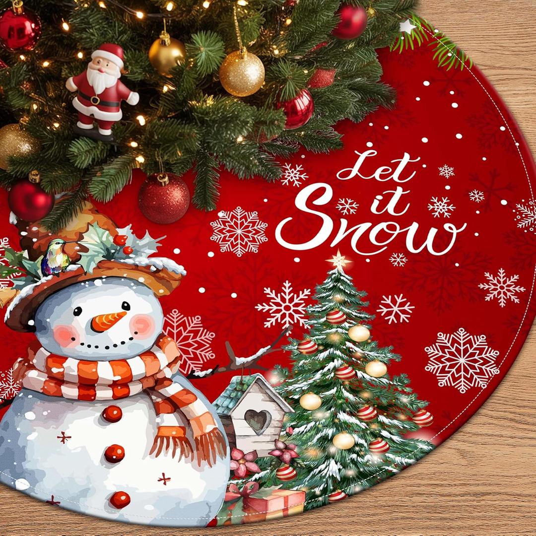 Christmas Tree Skirt Snowman Tree Decorations Buffalo Plaid Christmas Tree Mat Xmas Tree Skirt Ornaments for Holiday Party Indoor House Decor (Red, 36 Inches)
