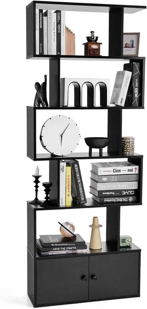 6-Tier Geometric Bookcase, 72” Freestanding Room Divider Bookshelf with Open Display Shelves & Multi-use Storage Cabinet, Wood S-Shaped Storage Organizer for Living Room, Bedroom & Home Office