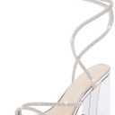 Coutgo Womens Lace Up Chunky Heels Rhinestone Sandals Square Open Toe High Block Heeled Wedding Dress Shoes (7.5, Silver)