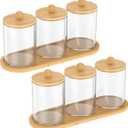 6Pack Qtip Holder Dispenser with Bamboo Lids, Cotton Round Holder with Tray for Cotton Swab, Ball, Pads and Floss, Clear Plastic Jar Containers for Vanity Makeup Organizer Storage, 6pcs