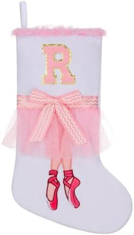 TWSANTAMAS 17.5 inch Ballet Christmas Stocking,Feather & Bow Embroidery Design, Holiday Party Decor for Fireplace Mantel Gifts,Initial R
