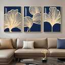 Framed Modern Luxury Wall Art for Living Room, Large Navy Blue and Gold Ginkgo Leaf Artwork for Walls, 3 Piece Contemporary Bright Style Floral Prints for Bedroom Office Hallway Wall Decor, 24x36 Inch
