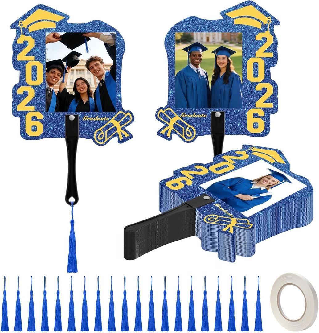 36 PCS Custom Graduation Fan Photo Frames with Handle, Plastic Class of 2026 Photo Props with Tassel, Double Sided Sparkle Grad Party Frames for Grad Events, School Ceremony (Blue & Gold)