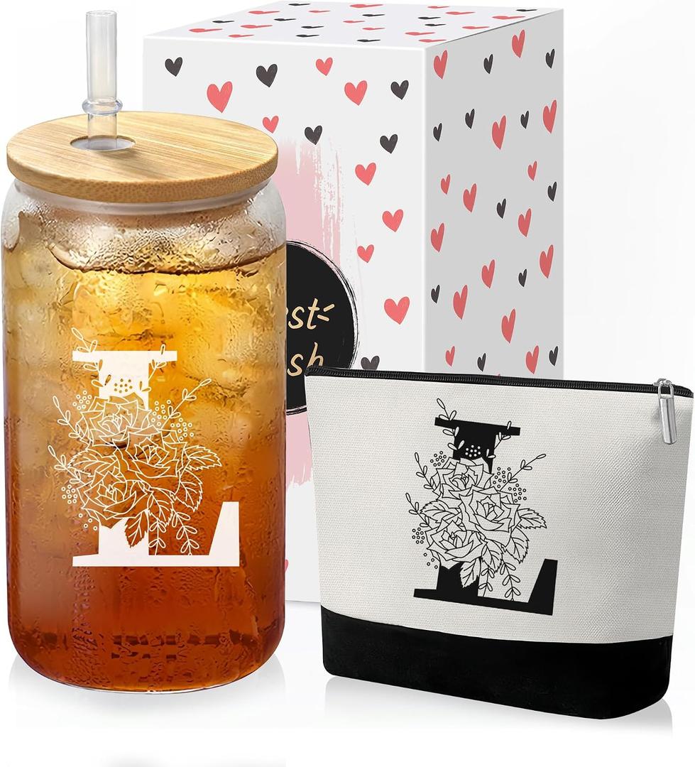 Custom Glass Cup & Makeup Bag Set - Personalized Gifts for Women, Initial 16 oz Glass Tumbler with Lid & Straw, Monogram Makeup Bag - Birthday Gifts For Women, Mother's Day Presents(L)