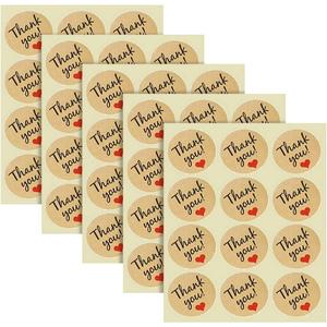 Queenbox 60pcs Thank You Kraft Lable Sticker, Round Red Love Heart Adhesive Label for Envelope Bottle Box Party Gift (Natural)