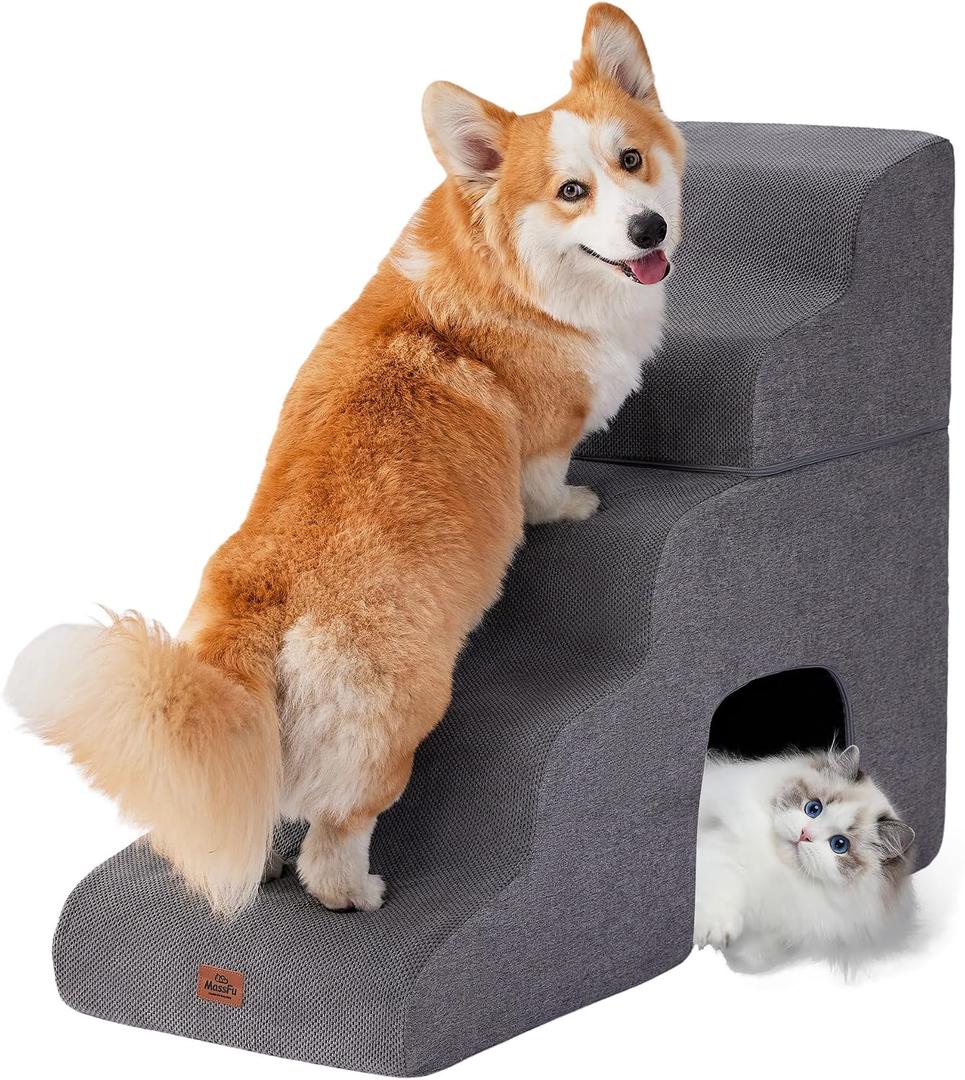 Gray Curved Dog Stairs Ramp for High Beds 28.7" H, 5-Step Dog Steps for Small Dogs and Cats, Pet Stairs for High Bed Climbing, Non-Slip Balanced Pet Step