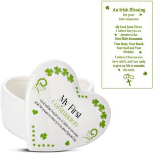 Funtery First Communion Gifts for Girls Ceramic Jewelry Keepsake Box with a Pray Card 1st Holy Communion Gifts for Girls Boys(Heart,Green)