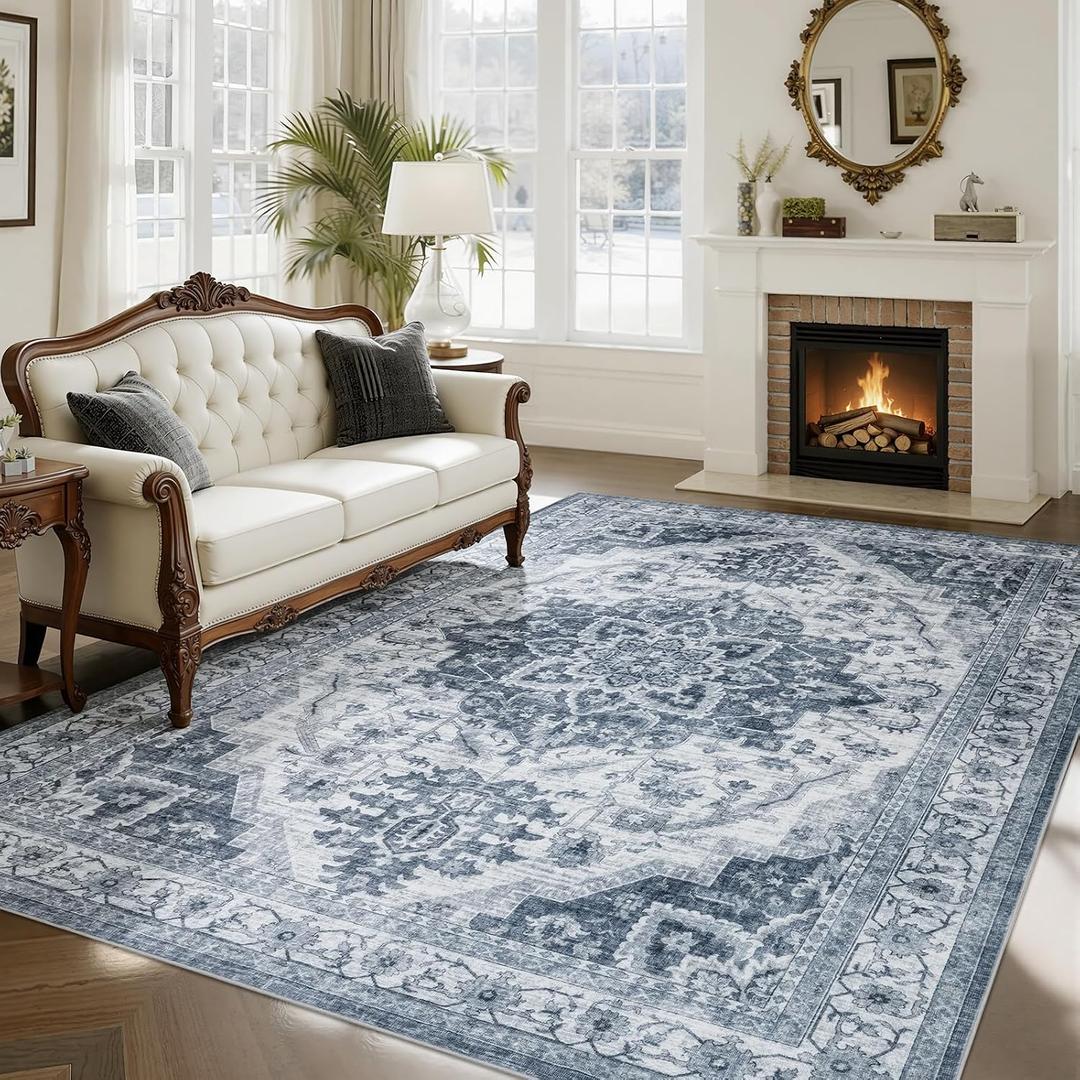 UKISS Washable Rugs 8'x10' Area Rugs for Living Room ，Ultra Soft Faux Silky Rug for Bedroom, Vintage Large Area Rug，Non Slip&Non-Shedding Low Pile Large Carpets for Home Office Decor Blue