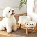 Ceramic Slow Feeder and Water Bowl Set for Medium and Large Dogs, 8.0 Inches Ceramic Dog Bowls Elevated with Wooden Stand, 2.0 Cups Dog Slow Feeder(30oz) and 70oz Water Bowl Set, White