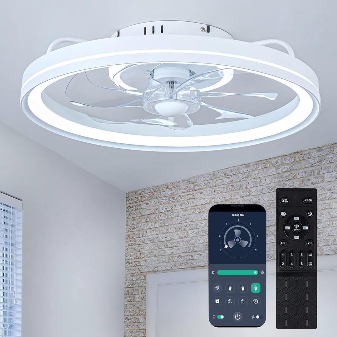zouzai Low Profile Ceiling Fan with Lights and Remote, 18.9 inch Modern Ceiling Fans Flush Mount, Dimmable LED Fan Light, Ceiling Fans with Lights for Bedroom (White, Frosted Ring) (Style 1)