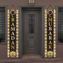 ZOIIWA Eid Mubarak Front Door Banners Lighted Decorations Ramadan Porch Sign with LED Light Black Gold Moon Lantern Door Sign Hanging Fabric Banner for Ramadan Eid Mubarak Party Outside Lighted Decor