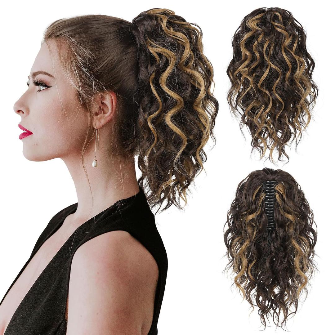 Flufymooz Ponytail Extension, 12" Short Claw Ponytail Wavy Curly Jaw Clip in Pony Tails Hair Extension Natural Synthetic Hairpiece for Women (Chocolate Brown with Blonde Highlights)