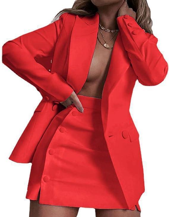Womens 2 Piece Notched Long Sleeve Blazer and Skirt Set Office Button Suit Jacket&Skirt Outfit Set, Size 4, Red