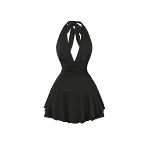 SweatyRocks Women's Halter Deep V Neck Flared Mini Dress Sleeveless Swing A Line Dresses Black, M
