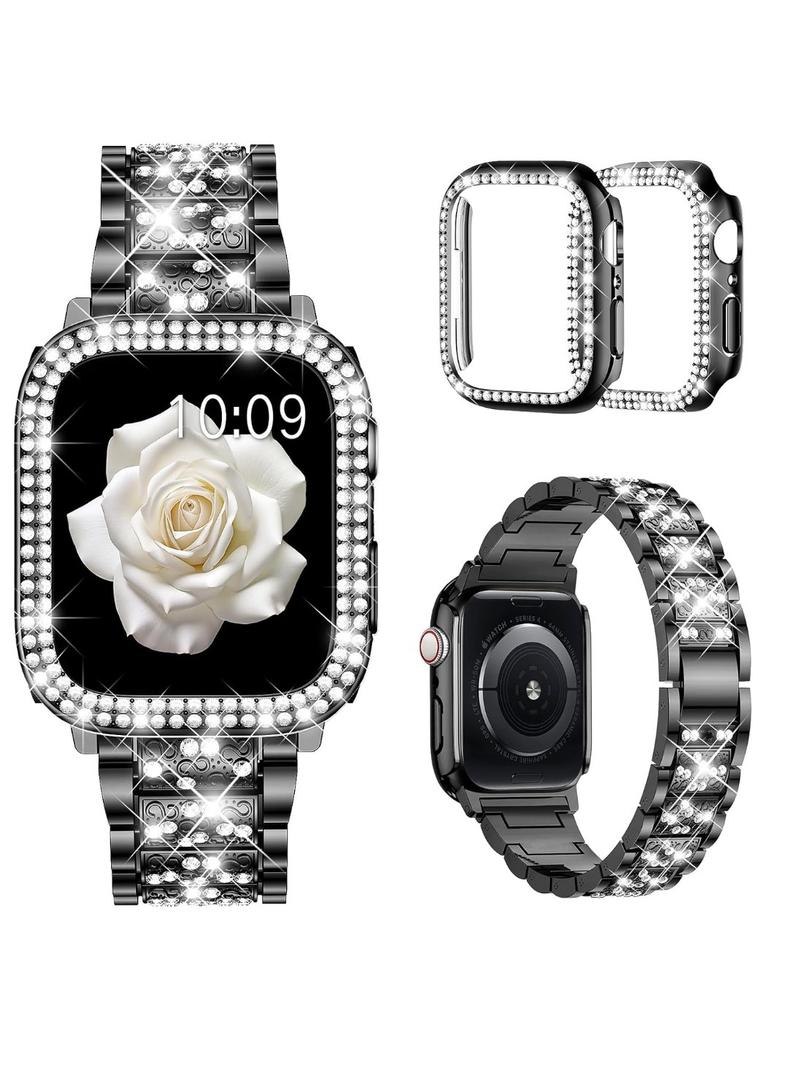 Mosonio Compatible with Apple Watch Band 38mm 40mm 41mm 42mm 44mm 45mm 46mm 49mm with 2 Pack Case Women, Jewelry Replacement Metal Bands Strap with Bling PC Protective Case for iWatch Ultra SE Series 11/10/9/8/7/6/5/4/3/2/1