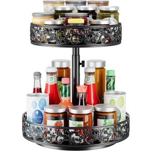 Spice Rack Lazy Susan Organizer 2 Tier, Adjustable Height Metal 12 inch Large Size Rotating Turntable for Kitchen/Cupboard/Bathroom/Countertop/Dining Table/Cabinet/Pantry/Bedroom Storage Black
