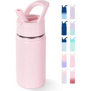 Fijinhom 12oz Kids Water Bottle for School, Toddler Bottles with Straws, Stainless Steel Vacuum Insulated Water Bottle for Boys&Girls, Leak-Proof, BPA-Free, Pink