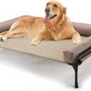 Veehoo Elevated Raised Dog Bed-Cooling Outdoor Dog Cot Bed for Large Sized Dogs Three-Sided Fence Raised Pet Cot with Mesh & No-Slip Feet Dog Hammock Bed with Removable Bolster-41 x 27" Beige Coffee