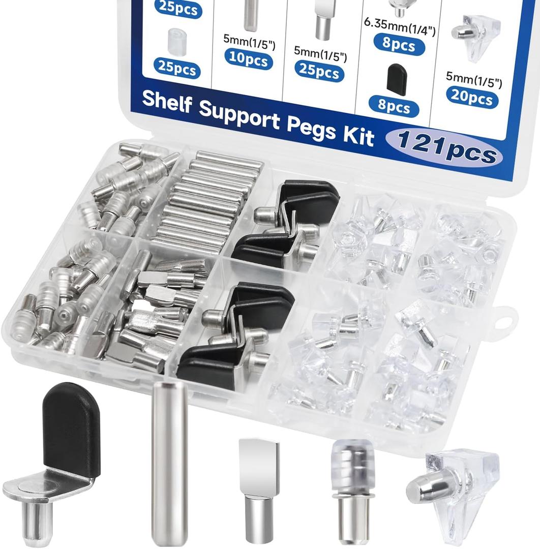 121PCS Cabinet Shelf Support Pegs Kit 5 Styles Pins for Wood Shelving Nickel Plated Shelf Holders Peg for Shelves (5mm 6.35mm) YY029-Kit