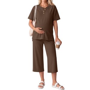 JoyMotion 2 Piece Maternity Outfit for Women, Coffee, Large