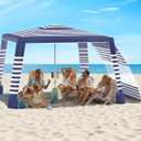 Rhino Valley Beach Cabana, 8 * 8FT Beach Tent UPF50+ Protection, Easy Setup Beach Canopy Wind Resistant with Cup Holder, Compact Beach Shade Foldable Beach Tent Sun Shelter, Blue Stripes